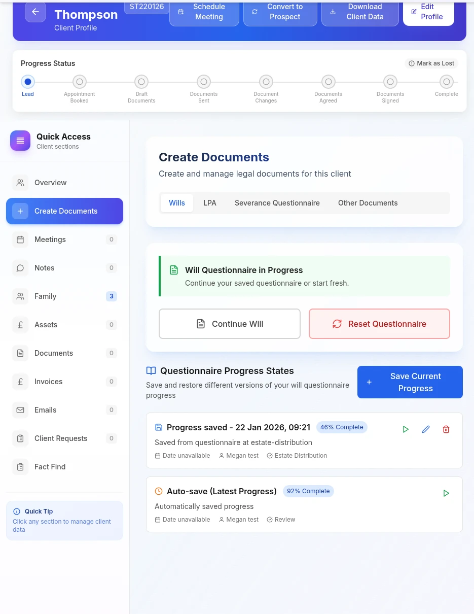 A client profile in Willo showing the progress pipeline from Lead through to Complete, and a left rail holding the client's overview, meetings, notes, family, assets, documents, invoices, emails, requests and fact find.