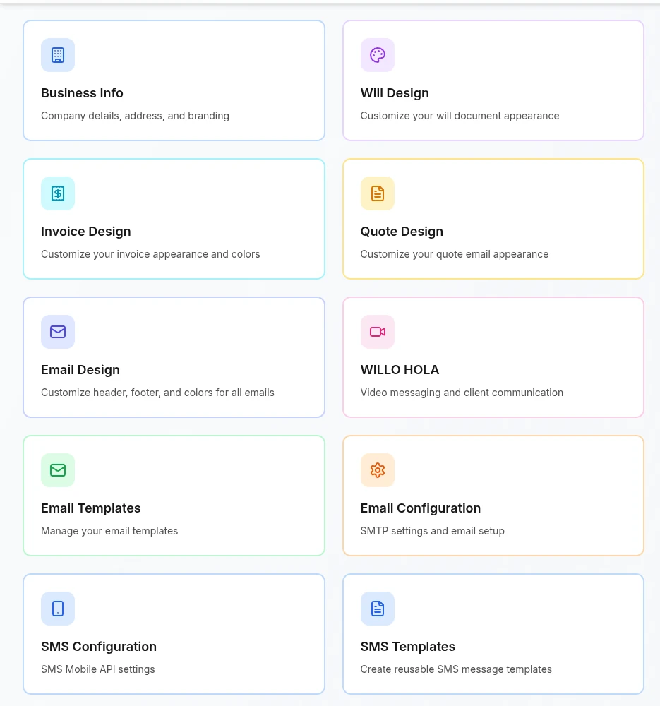 The settings screen in Willo showing sixteen tiles including will design, invoice design, quote design, email templates and configuration, SMS configuration and campaigns, WILLO HOLA video messaging, payments, knowledgebase and support.